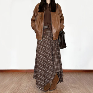 
Maillard Irregular Brown Plaid Half-length Skirt Autumn Popular Style Plus Size Women's Pear Shape Berkeley Skirt