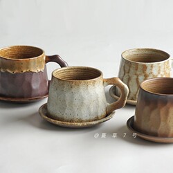 Japanese-Style Coffee Cup and Saucer, Vintage, Antique, Coarse Pottery, Ceramic, Handmade, High Aesthetic Value, High-End Feel, Tea Cup, Mug, Water Cup