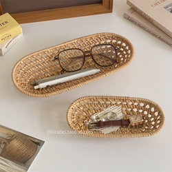 ins Wind Vine Woven Storage Box Stationery and Miscellaneous Items Storage Tray Handmade Woven Jewelry Tray Desktop Entryway Storage Tray