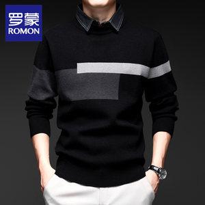 Romon fake two-piece sweater men's shirt collar lazy high-end spliced ​​sweater men's business casual spring and autumn style inner wear
