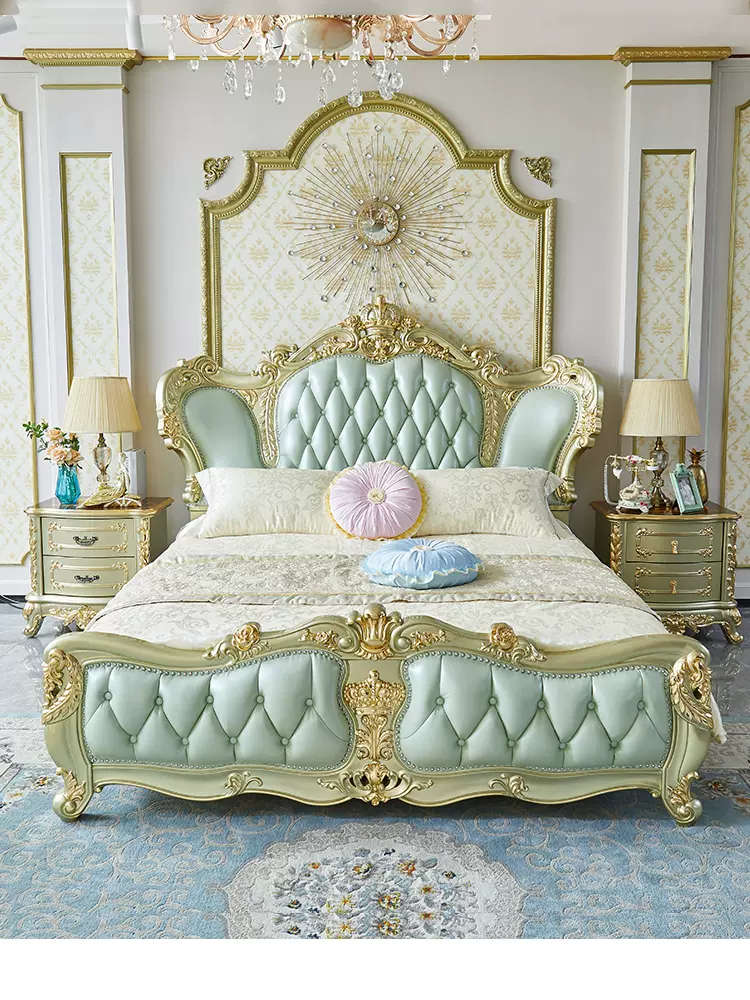 欧式全实木头层真皮双人床别墅奢华橡木雕花法式大床储物主卧婚床