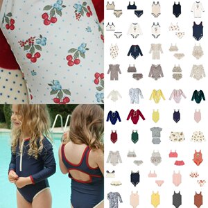 
Children's swimsuit boys long-sleeved swimsuit vacation girls solid color suspender cherry one-piece swimsuit ins style 26KS