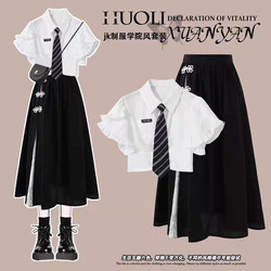 Girls' Preppy Style Jk Uniform Suit Skirt, Summer High-Waisted A-Line Mid-Length Skirt, Petite Outfit Dress