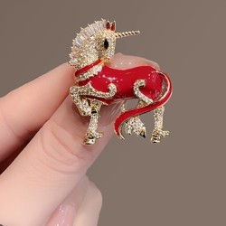 Unicorn Sparkling Diamond Pony Brooch for Women, Year of the Horse, Red, Exquisite Design, Brooch Pin Accessory, New Year Gift