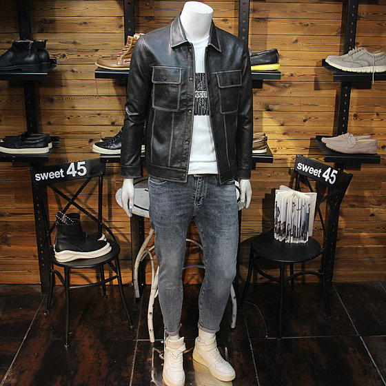 
Retro distressed men's lapel leather jacket, simple European fashion, light luxury, handsome young man, slim casual leather jacket