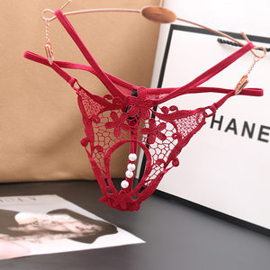 Sexy, transparent hot pants, female beads, low -waist seductive pearl massage Japanese opening hollow T -pants
