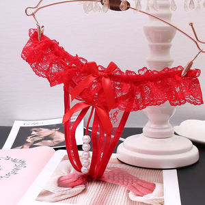 Big pearl massage underwear women's sexy seductive slit bow, transparent adult low -waist thong thin lace
