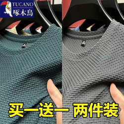 Woodpecker Men's Ice Silk Mesh T-Shirt Summer Thin Breathable Short Sleeve Round Neck T-Shirt Loose Solid Color Top