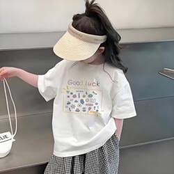 Girls' Pure Cotton 2026 New Stylish Cartoon Short-Sleeve T-Shirt, Summer Loose Versatile Top for Older Children, Trendy for Students
