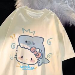 Girls' Short-Sleeved T-Shirt, New Summer Style, Cute Cartoon Children's Pure Cotton Versatile Loose Top for Older Children, Trendy