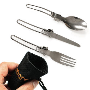 
Korean outdoor tableware stainless steel three-piece set picnic folding spoon mountaineering camping barbecue portable knife and fork spoon
