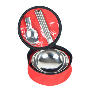 
Outdoor stainless steel tableware bowl set camping and mountaineering equipment single folding spoon chopsticks double-layer bowl storage bag