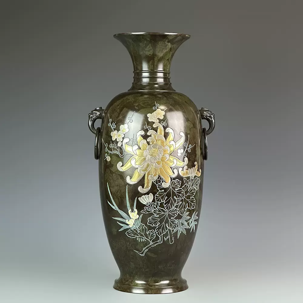 日本高岗铜器二上元威作雲龍凤凰纹铸铜香炉香薰炉收藏品摆件