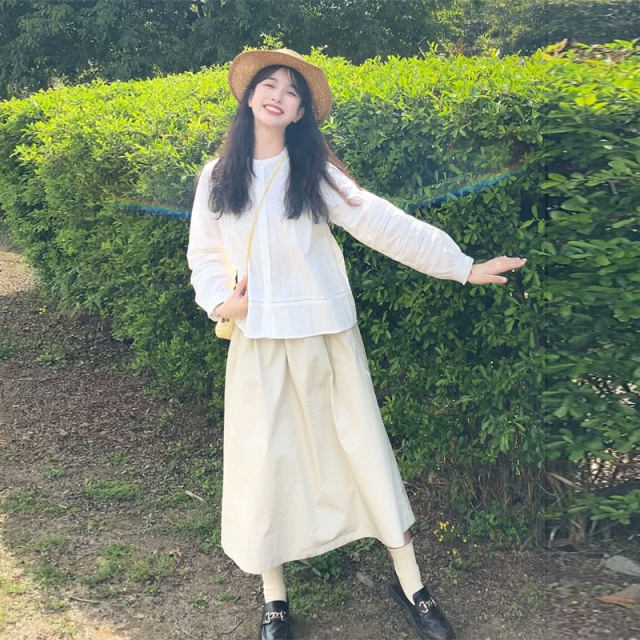 Beige Gongguo Skirt Japanese Literature and Art Fresh Pocket High -waist A -line Skirt is thin and covered with small skirts