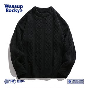 
WASSUP ROCKY Japanese retro round neck sweater men's trendy autumn and winter couple's warm sweater jacket
