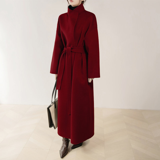 New Year's jersey red extra long stand-up collar double-sided wool coat for women high-end big-name straight wool coat winter