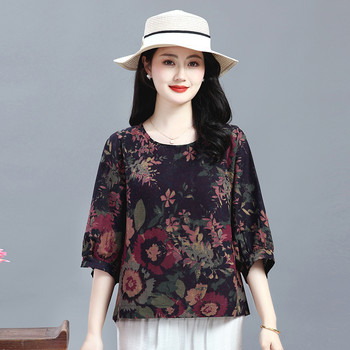 
Middle-aged and elderly women's spring and summer 70-quarter sleeve cotton linen T-shirt