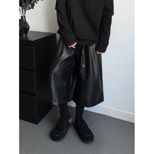 
Dark niche simple seven-point leather pants mid-pants 2025 spring and summer men and women versatile loose casual straight wide-leg pants trendy