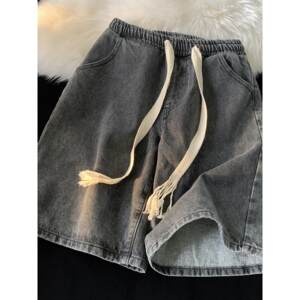 Pumping rope denim shorts Men's summer thin tide card casual mid -pants American retro straight pants pants pants