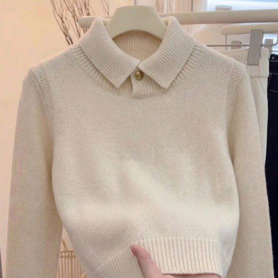 Korean old money style solid color lapel sweater for women 2025 autumn and winter new style high-end small sweater top trendy