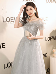 High-End Evening Dress for Women, Off-Shoulder Bridesmaid Dress, Sophisticated French Light Luxury, Niche Style, Elegant Socialite, Host, Talent Show