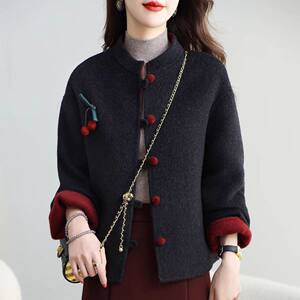 
New Chinese style national style buckle red double-sided woolen coat for women spring new 2026 popular short woolen jacket for women