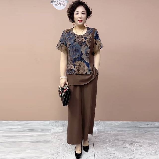 Large size silk two-piece set for summer new style of meat covering to make mothers look slimming top + pants fashionable mulberry silk suit