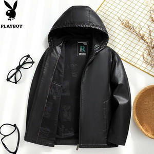
Playboy 2026 Spring and Autumn Hooded Leather Jacket Men's Casual PU Leather Jacket Middle-aged Business Windproof Top