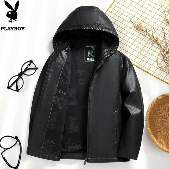 
Playboy 2026 Spring and Autumn Hooded Leather Jacket Men's Casual PU Leather Jacket Middle-aged Business Windproof Top