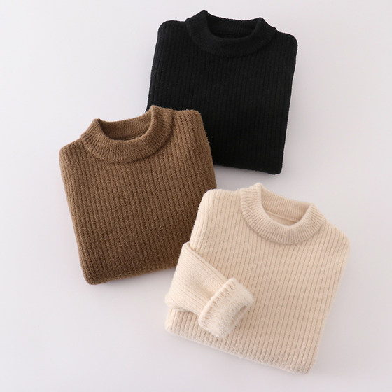 
Boys and girls round neck one-piece plush sweater children's thick pullover sweater medium large children's black and white base knitted sweater