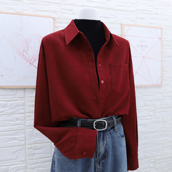 Anchora Red Brushed Shirt for Women, Early Spring Inner Layer Top, 2026 New Style Burgundy Shirt, Women's Loose Jacket