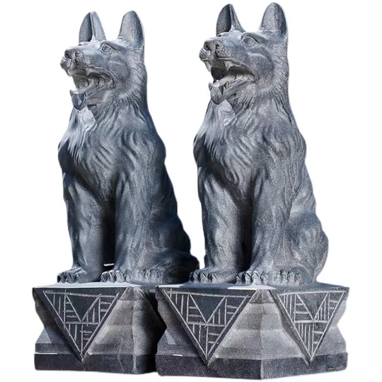 石彫りの犬のペア - 干支の動物彫刻