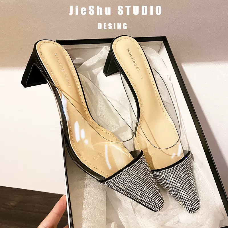 包头透明凉鞋22年季新款中跟黑色水钻高跟鞋女粗跟仙女风凉