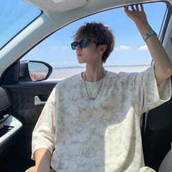 Men's Short-Sleeved T-Shirt, Summer Korean Style, Trendy Round Neck, Loose, Thin, Five-Point Top, Student Tie-Dye Casual T-Shirt