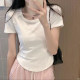 Fish bone top white short-sleeved T-shirt for women 2025 new summer design niche low neck front shoulder short t-shirt
