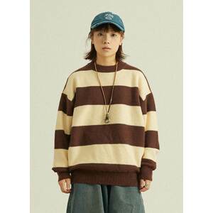 GoodNorth Japanese retro contrasting wide striped sweater men and women same style loose pullover round neck knitted thread shirt
