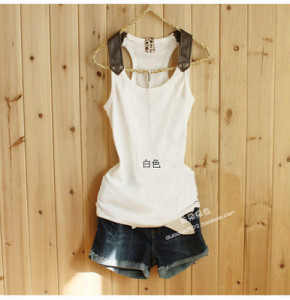 Short Korean version of the new cotton pure color cotton leather shoulder shirt camisole bottoming belt worker vest summer women's clothing
