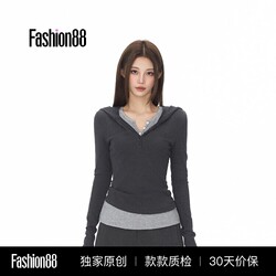 Iamannieww Autumn Women's Tops Color-Blocking Fake Two-Piece Hooded Long-Sleeve Slim-Fit T-Shirt Trendy