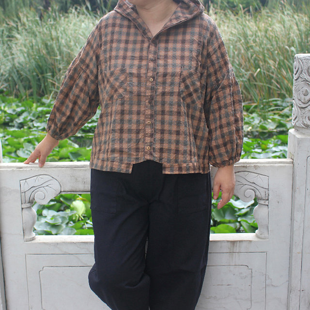 Literary style 773 plus size women's snow blue shirt new hooded top shirt Korean style jacket plaid puff sleeves