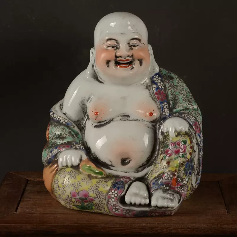 民國魏洪泰款手繪粉彩彌勒佛迷你羅漢景德鎮廠貨仿古瓷器收藏