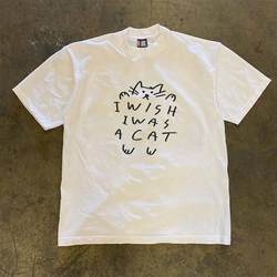 Make Money and Do Charity! 260g Heavyweight Pure Cotton! Creative Cat Letter Print Loose and Versatile Short-Sleeved T-Shirt