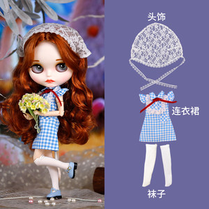 
ICY DBS small doll clothes pastoral cute sweet blue checkered lace scarf skirt 19-joint doll clothes