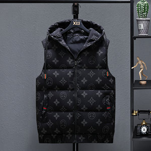Autumn/Winter Korean version slim fit cotton vest with reflective letters, warm vest, hooded shoulder jacket, down cotton men's vest
