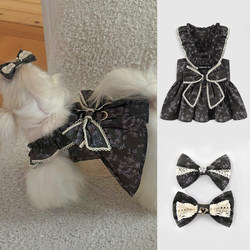 All-Cotton Pet Dog Clothes, Small Dog French-Style Dress, Reactive Dyeing, Eco-Friendly, Bow Tie with Rhinestones, Dress with Leash