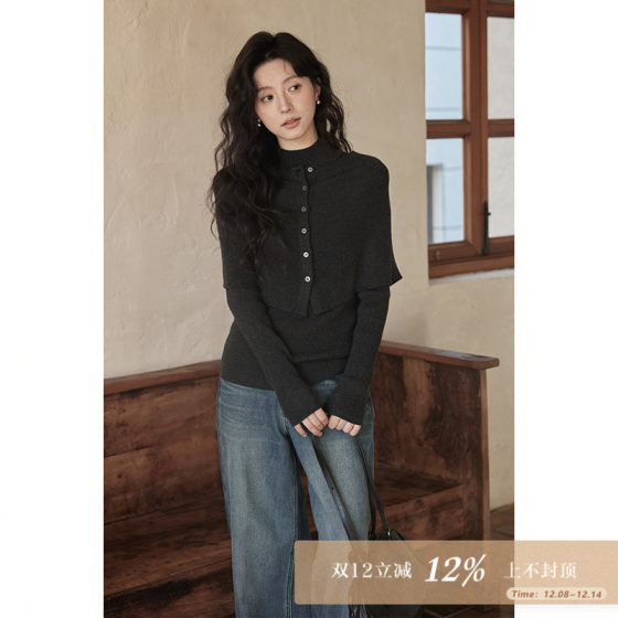 
Ximeng 2025 new winter Korean style sweater with high-end design and dark gray sweater and shawl two-piece set for women