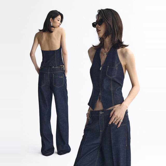 Ourhour retro danning halter neck V-neck zipper bright wire tensile denim vest women's spring design vest