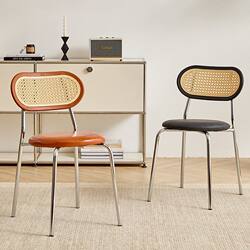 Vintage Rattan-Style Chair for Home Use, Simple Balcony Leisure Chair with Backrest, Retro Nordic Style Cream-Colored Trendy Dining Chair