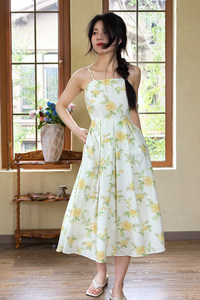 <World-World Osmanthus Flowers>Original suspender dress with gentle temperament and floral pastoral A-line midi skirt with high waist
