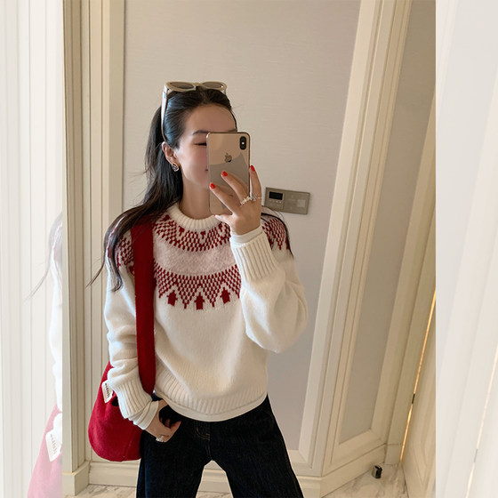 
Jin Suyi Beige 100 Wool Fair Isle Sweater 2025 Autumn and Winter Korean Style Casual Pullover Long Sleeve Sweater