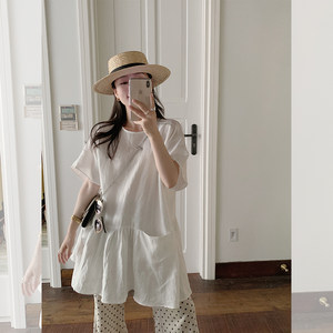 
Jin Suyi 100 linen pocket short-sleeved shirt skirt for women 2025 summer Korean style loose small top trendy